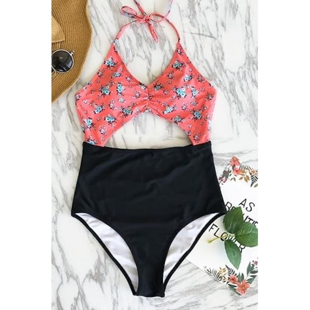 Cupshe Floral Cutout One Piece Swimsuit Coral & Black High‎ Waist Halter Size L